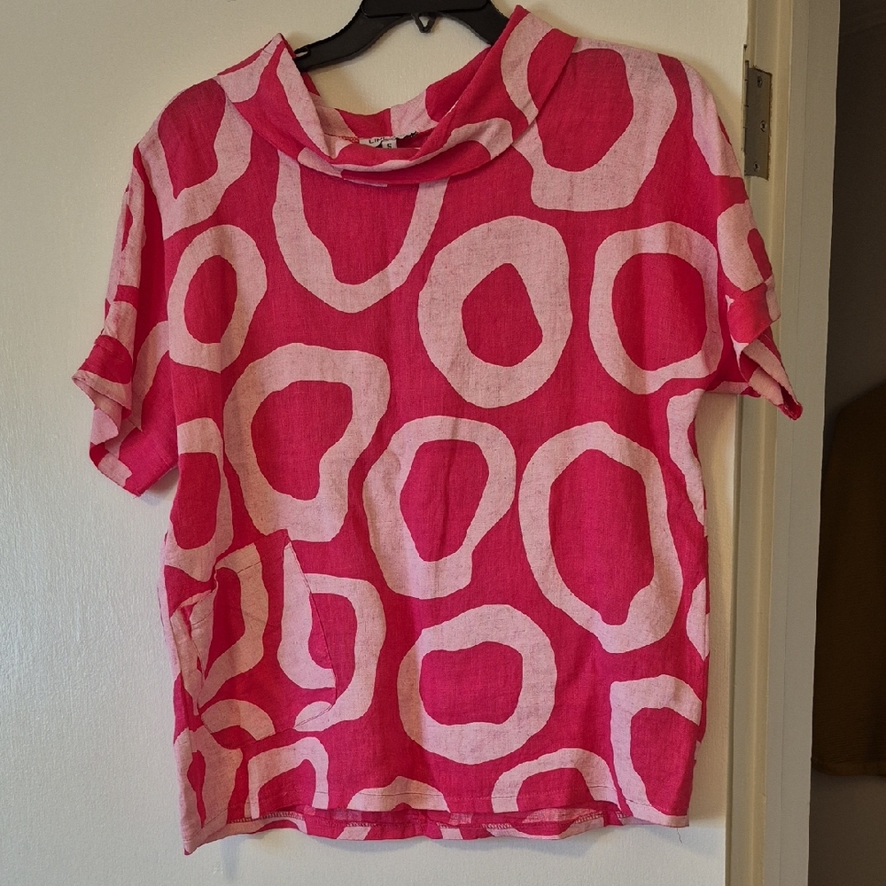 Linen Luv Linen Top – Pink & White Abstract Print, Size Small